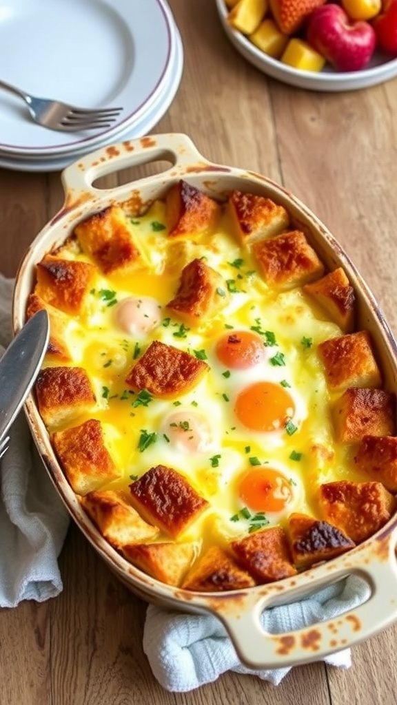 A golden brown egg and bread casserole with melted cheese and herbs, served in a rustic dish on a wooden table.